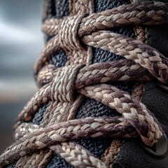 Fototapeta premium Detailed view showcasing the sturdy weave of hiking boot laces.