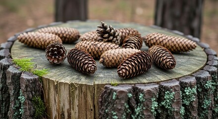 Pinecone Still Life on Mossy Tree Stump in Forest Setting