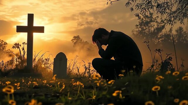 Mourning man at a grave with cross at sunset, expressing grief and loss.
