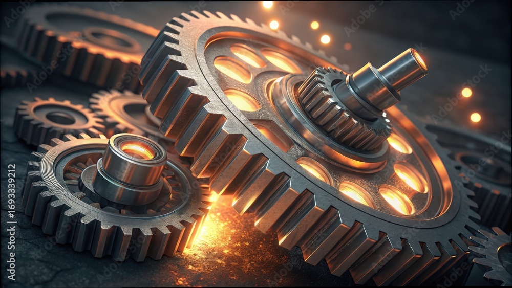 Poster gears and mechanisms with flickering lights in a dark environment