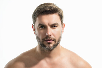 Obraz premium Man close up portrait. Face care of skin. Charming man with perfect smooth soft skin. Spa therapy. Man, face, beauty and skincare concept. Male healthy skin concept.