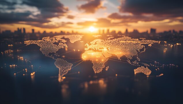 A global map with glowing connections between cities, representing the reach of technology and digital communication across diverse areas of the planet Earth. 