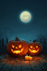 Two carved pumpkins with glowing faces sit on a wooden table under a full moon at night
