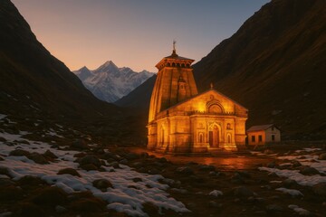 Kedarnath Temple illuminated at dusk in the Himalayan mountains. © Exclusive