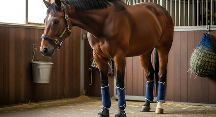A brown horse stands in a stable wearing blue leg wraps, with a bucket and hay net visible in the background.