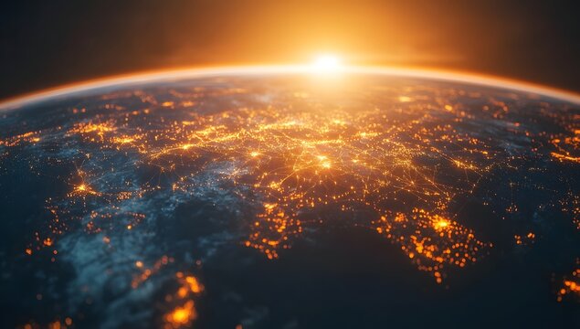 A global map with glowing connections between cities, representing the reach of technology and digital communication across diverse areas of the planet Earth. 