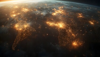A global map with glowing connections between cities, representing the reach of technology and digital communication across diverse areas of the planet Earth.