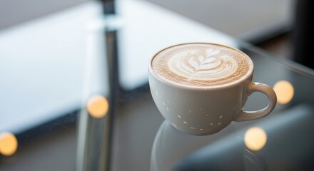Coffee Cup with Latte Art on Reflective Table in Modern CafÃ© Setting