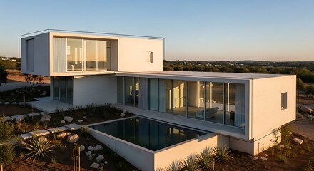 Elegant modern home with a sleek minimalist design and swimming pool