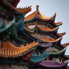 Naklejka premium Vibrant tiered roofs of an Asian pagoda under clear sky.