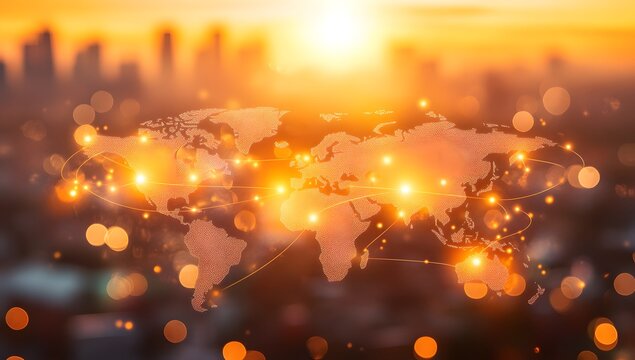 A global map with glowing connections between cities, representing the reach of technology and digital communication across diverse areas of the planet Earth. 