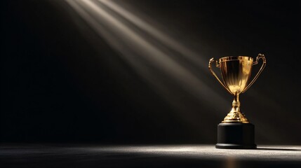 Glowing golden trophy shining under spotlight on dark background symbolizing achievement, victory, success, award recognition, championship prize, and excellence in competition
