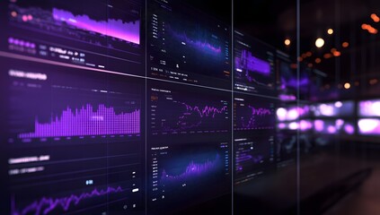 A dynamic digital display of stock market data on multiple screens, with vibrant graphs and bar charts displaying growth patterns in purple tones.