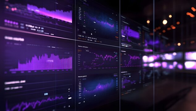 A dynamic digital display of stock market data on multiple screens, with vibrant graphs and bar charts displaying growth patterns in purple tones.