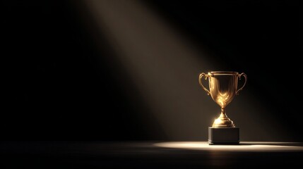 Golden trophy glowing under dramatic spotlight symbolizing competition prize, championship recognition, victory achievement, excellence award, and outstanding success performance