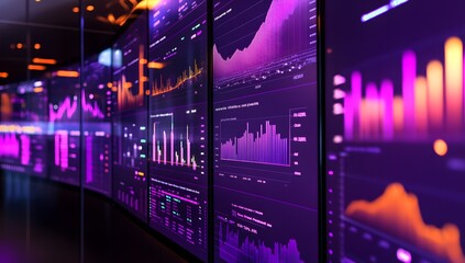 A dynamic digital display of stock market data on multiple screens, with vibrant graphs and bar charts displaying growth patterns in purple tones.