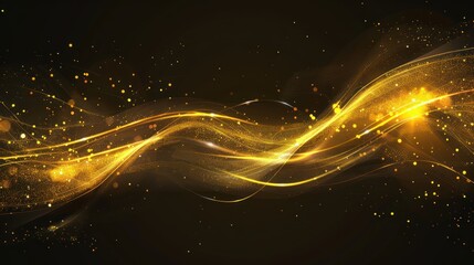 Golden Light Waves with Sparkling Particles on Black Background for Digital Art and Abstract Design