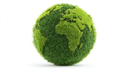 Environmental concept of moss-covered globe representing ecological conservation, renewable energy, climate awareness, and sustainable green future on white background