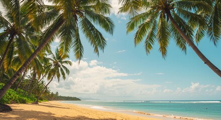 A tropical beach with palm trees glowing under crystal blue skies