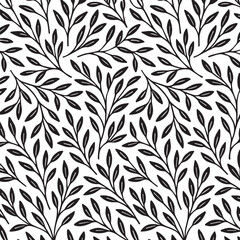 Fototapeta premium Seamless repeating pattern of delicate black leafy branches on a white background elegant botanical illustration