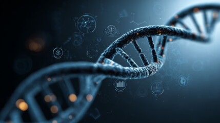 Close-up glowing DNA strand with neon highlights symbolizing biotechnology, genome sequencing, genetics, molecular research, healthcare innovation, and futuristic medical science