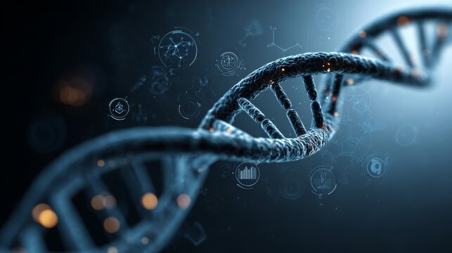 Close-up glowing DNA strand with neon highlights symbolizing biotechnology, genome sequencing, genetics, molecular research, healthcare innovation, and futuristic medical science