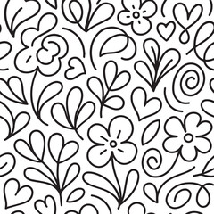 Seamless pattern of hand drawn black outline flowers hearts and swirls on a white background