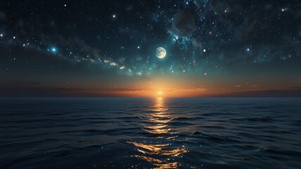 Vast ocean meets starlit sky at sunset, reflecting celestial beauty and tranquil waters, an awe-inspiring cosmic seascape.