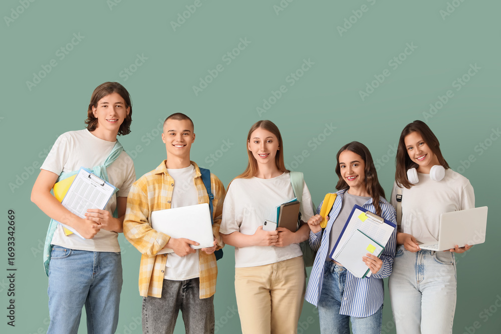 Poster group of students with laptops and notebooks on green background