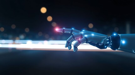 Futuristic robotic hand pointing with glowing fingertip in a technological, modern environment