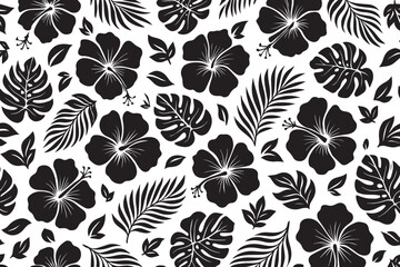 Monochromatic black and white tropical floral pattern with hibiscus flowers and monstera leaves © Designer-CHAN