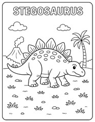 A stegosaurus coloring page with volcano, palm tree, and clouds in the background © Shanto