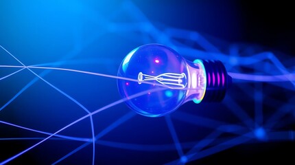 Illuminating ideas with a glowing lightbulb and connected network in vibrant blue abstract scene