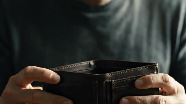 Man holding empty wallet showing financial hardship during economic downturn