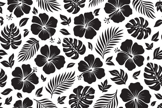 Monochromatic black and white tropical floral pattern with hibiscus flowers and monstera leaves