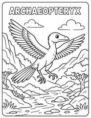 Archaeopteryx coloring page with landscape background and text above the dinosaur