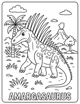 Amargasaurus coloring page with volcano and palm tree in black and white outline