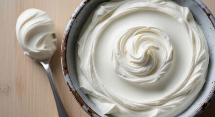 Creamy Whipped Cream Swirls in a Rustic Bowl with a Spoonful on the Side