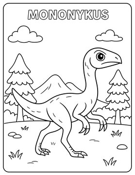 Mononykus dinosaur coloring page with trees clouds and mountains in a simple style