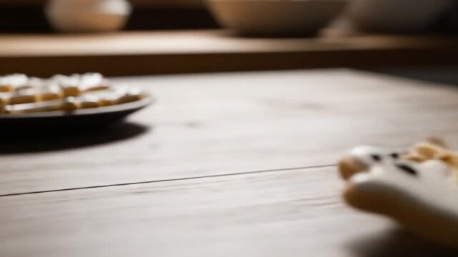 Blurred plate of sweets on a woodgrained surface under dim light
