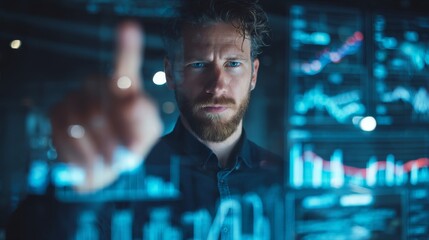 Businessman interacting with futuristic digital finance interface symbolizing stock market, cryptocurrency, global trading, fintech innovation, investment economy, and financial growth