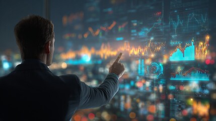 Man pointing at glowing futuristic stock trading interface symbolizing global economy, fintech innovation, cryptocurrency trading, financial growth, and advanced investment technology