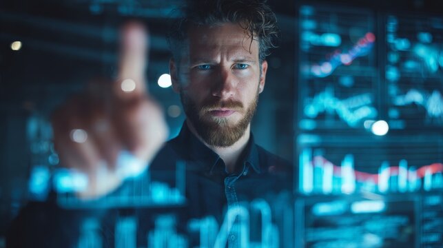 Businessman interacting with futuristic digital finance interface symbolizing stock market, cryptocurrency, global trading, fintech innovation, investment economy, and financial growth