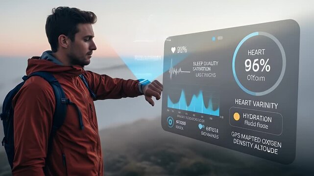 Futuristic smartwatch display shows health metrics for a hiker - Powered by Adobe