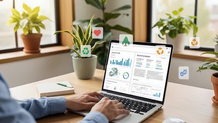 Person typing on a laptop displaying a business dashboard with icons - Powered by Adobe