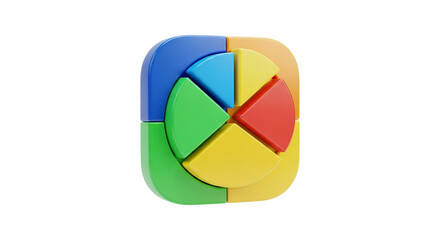 Fototapeta premium 3D pie chart illustration with four colored segments in multicolored frame representing analysis, data insights, and business performance metrics