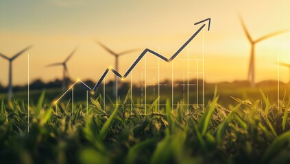 A digital graph with upward-trending lines and green arrows, overlaid showing wind turbines in the background,