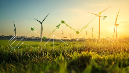 A digital graph with upward-trending lines and green arrows, overlaid showing wind turbines in the background,