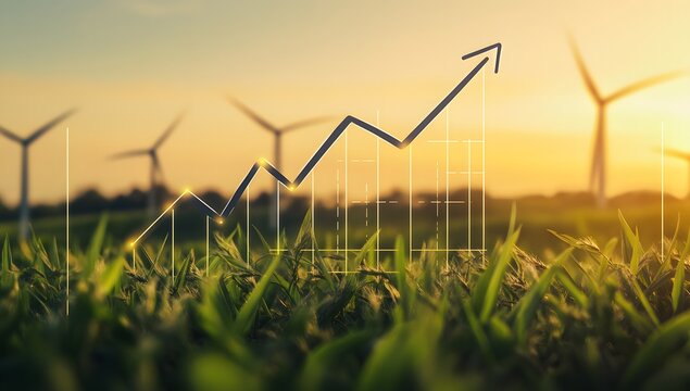 A digital graph with upward-trending lines and green arrows, overlaid showing wind turbines in the background,