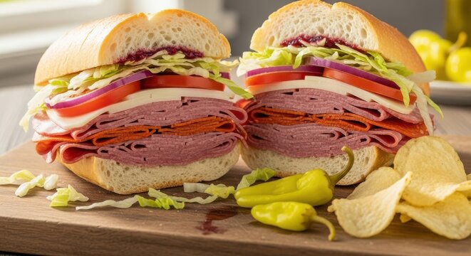 Delicious Italian Style Sub Sandwich Loaded With Cold Cuts Fresh Vegetables And Cheese